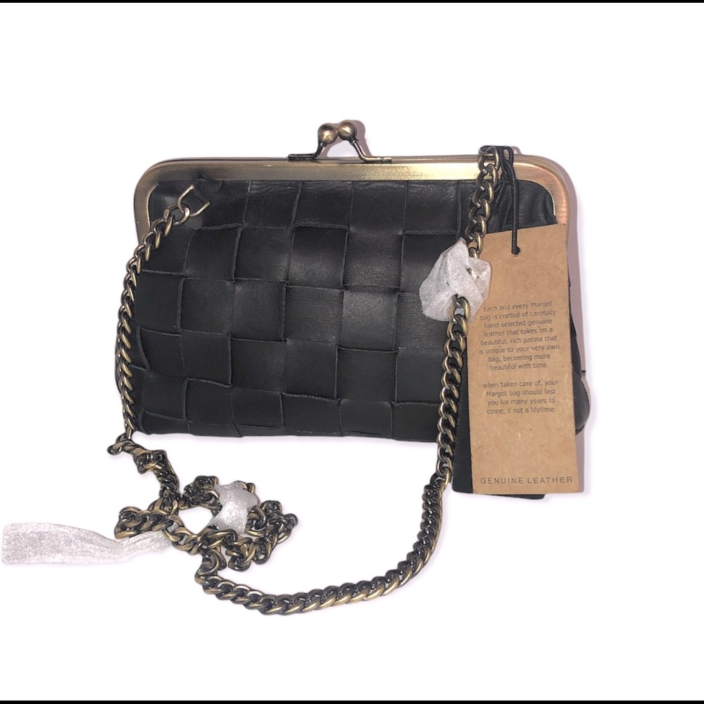 Weaved Leather Pochette Shoulder Bag w/ Chain Strap Tan